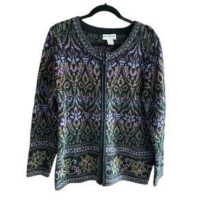 NORTH STYLE Wool Blend Zip Up Cardigan‎ Sweater Floral Print Purple L